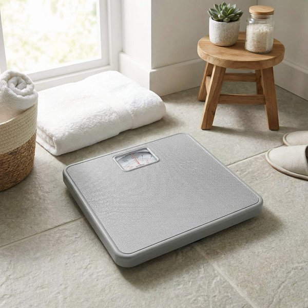 Person standing on silver mechanical bathroom scale, feet visible, in light room