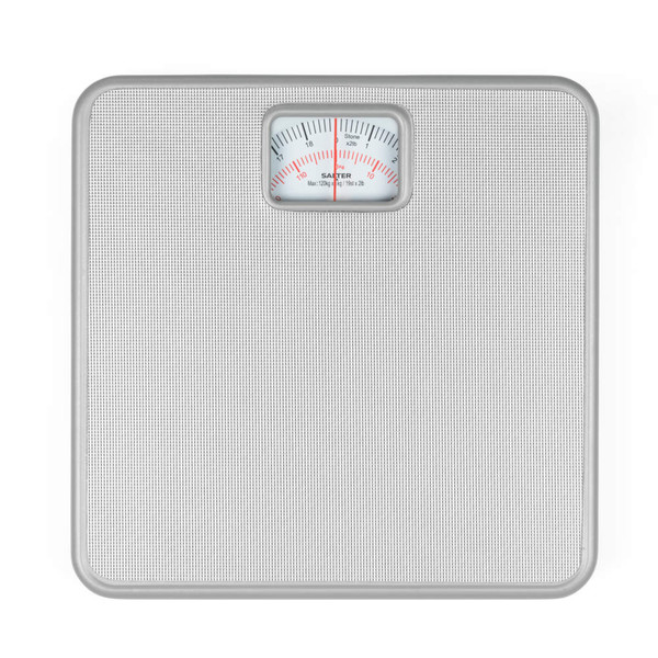 Silver mechanical bathroom scale with textured surface, top view