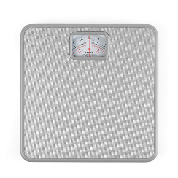 Silver mechanical bathroom scale with textured surface, shown from above.