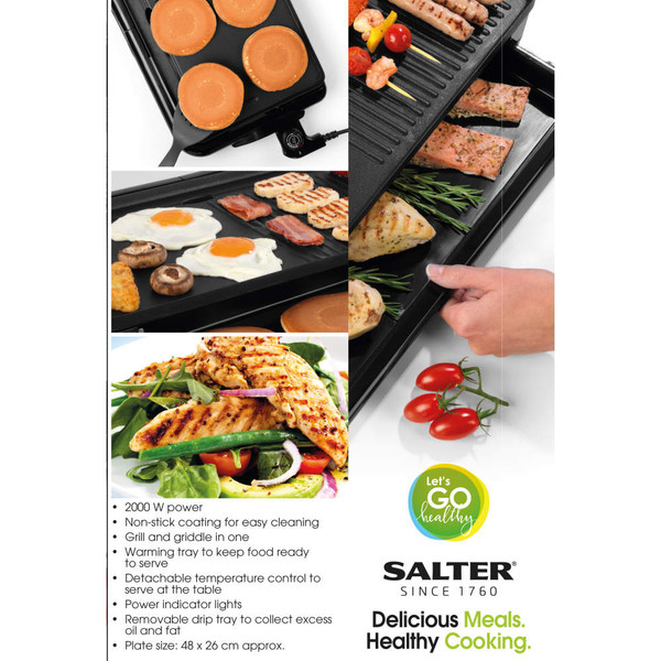 Electric griddle with grill and warming tray, cooking full English breakfast, pancakes and toast.
