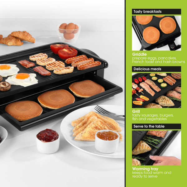 Electric grill with cooked breakfast: eggs, hash browns, sausages, bacon, mushrooms, tomatoes, pancakes.