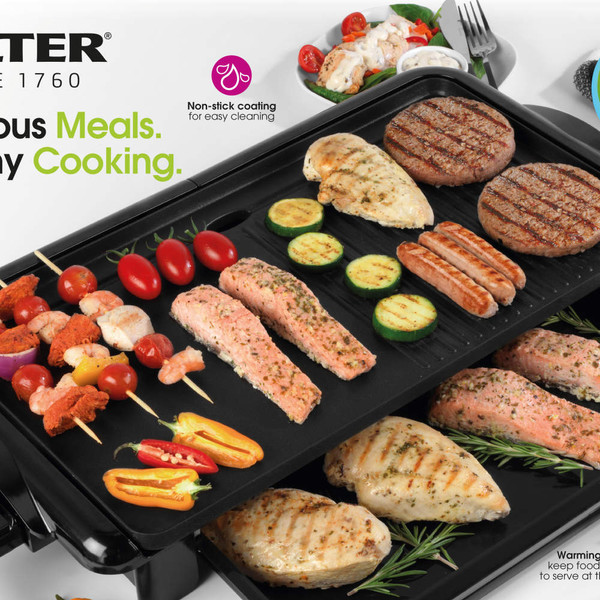 Salter electric grill and griddle with cooked food shown, non-stick, 48 x 26 cm size.