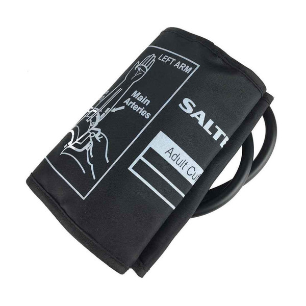 Adult black blood pressure cuff with diagram and tube, suitable for left arm use