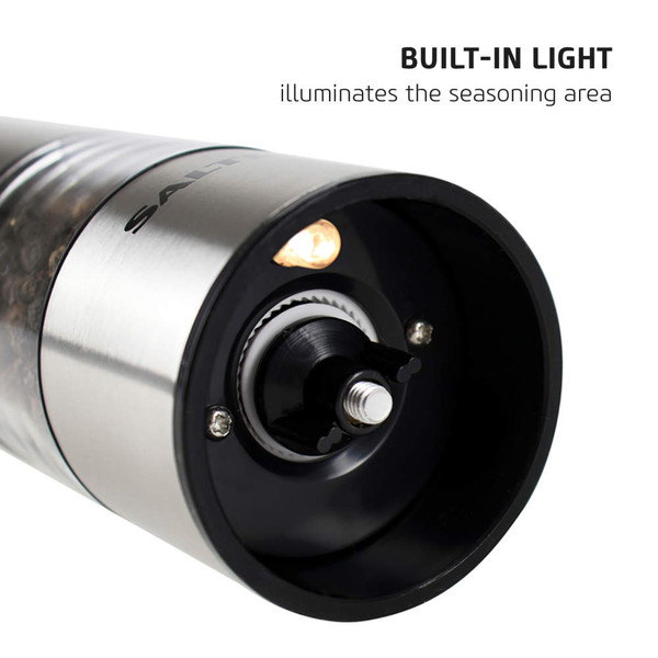 Stainless steel electric salt grinder showing built-in light for seasoning area