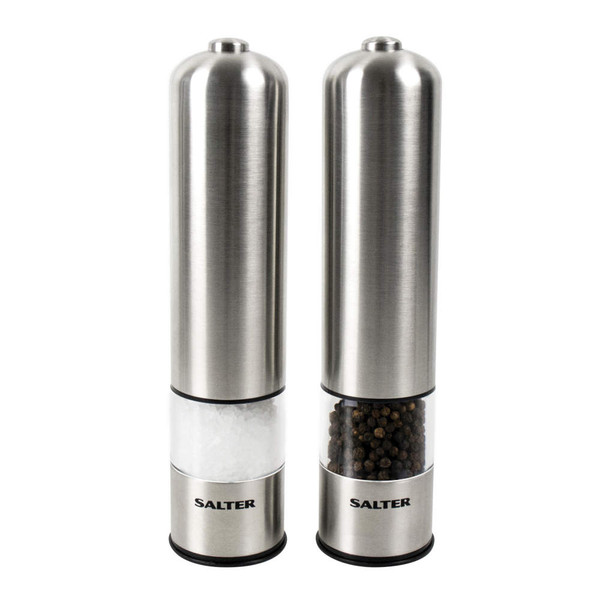 Set of two stainless steel electric salt and pepper grinders by Salter.