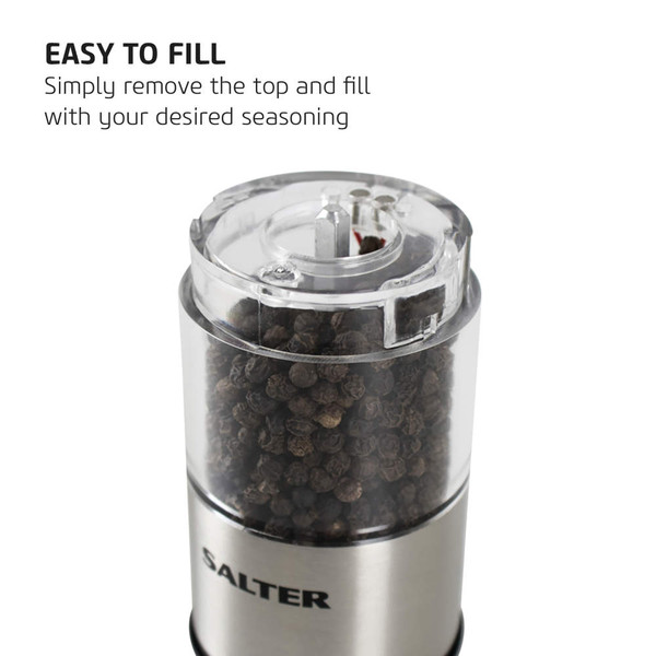 Stainless steel electric grinder with clear top section, filled with peppercorns, showing easy refill feature.