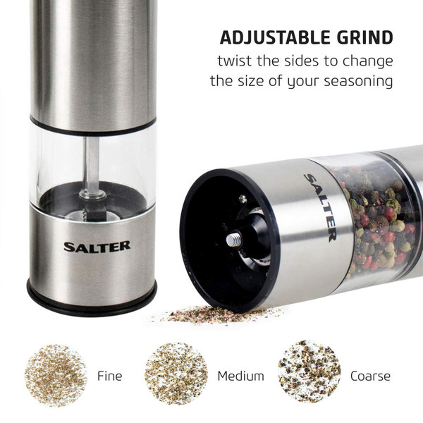 Salter stainless steel seasoning grinder showing adjustable grind for fine, medium, or coarse results