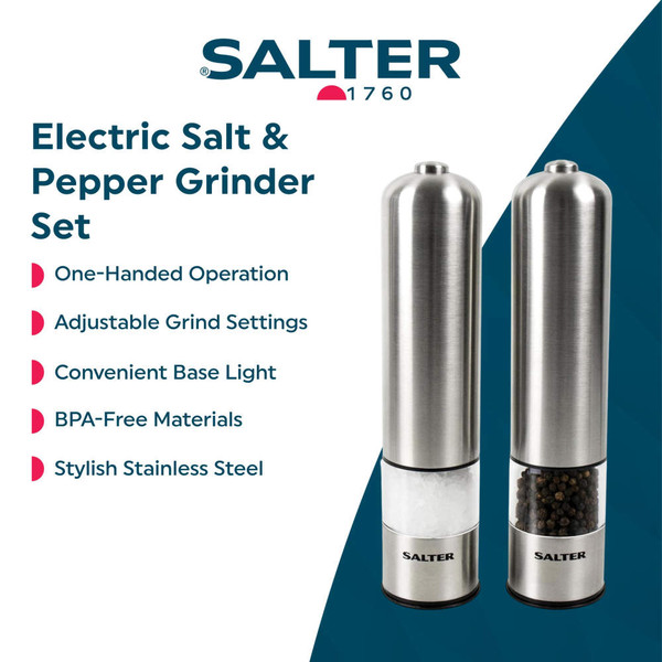 Set of two stainless steel electric salt and pepper grinders by Salter.
