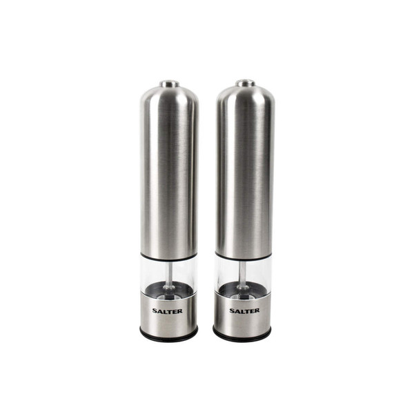 Pair of Salter silver electric salt and pepper grinders with clear middle section.