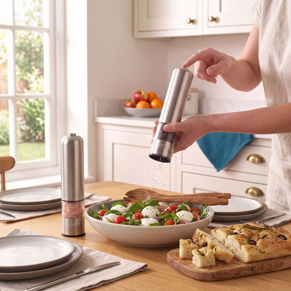 Stainless steel electric salt grinder showing built-in light for seasoning area