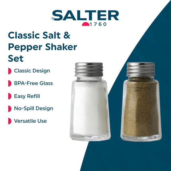 Clear glass salt and pepper shaker set with metal lids, shown upright for kitchen use.