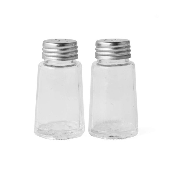 Pair of clear glass salt and pepper shakers with metal lids