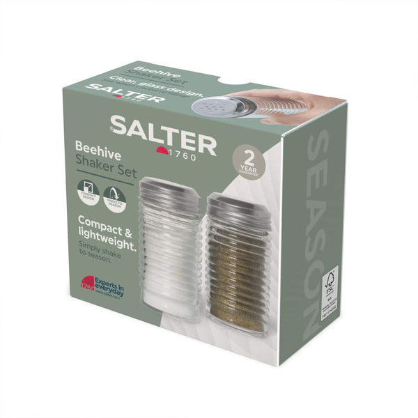 Salter Beehive Shaker Set box showing two ribbed glass shakers with silver lids.