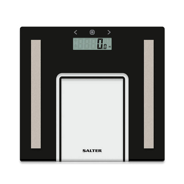Black glass digital bathroom scale with Salter branding and LCD display
