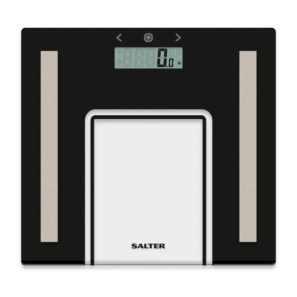 Black digital bathroom scale with silver accents, top view, Salter branding.