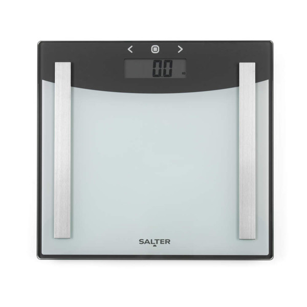 White digital bathroom scale with silver metal strips, front view