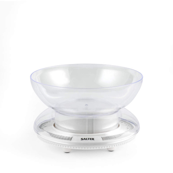 White mechanical kitchen scale with clear bowl, front view