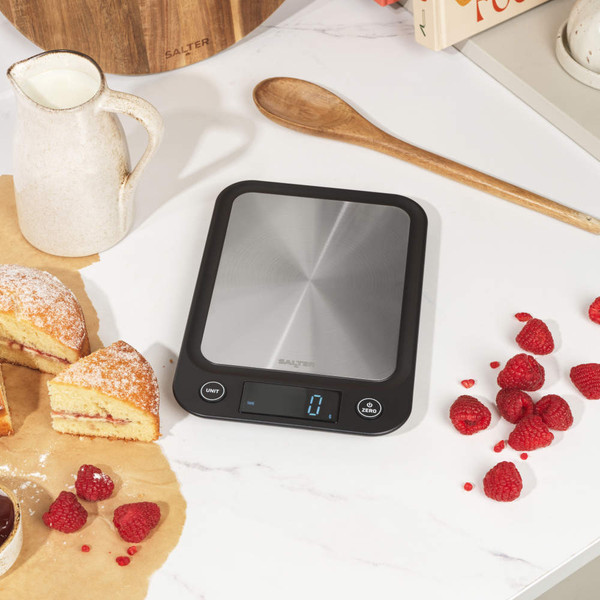 Salter digital kitchen scale, part view showing silver surface and zero display