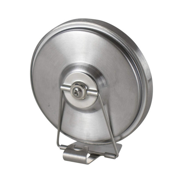 Stainless steel kitchen timer with fold-out stand, shown from the back.