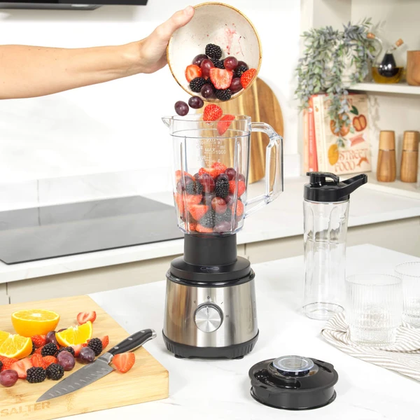 Salter silver blender and juicer set with jug, smoothie bottle, and fresh fruit.