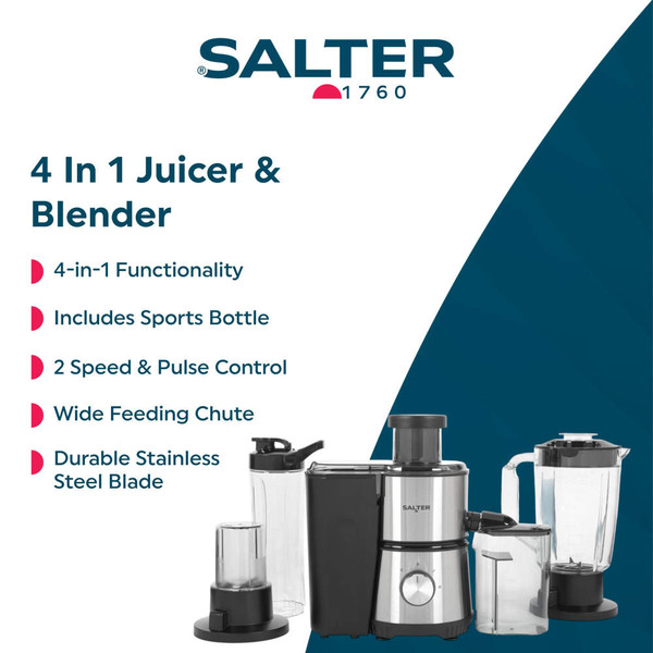 Stainless steel multi-function blender and juicer set with attachments on white background