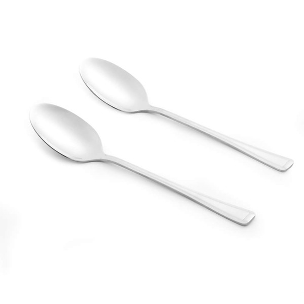 Set of two silver dessert spoons with a modern handle, shown on white background
