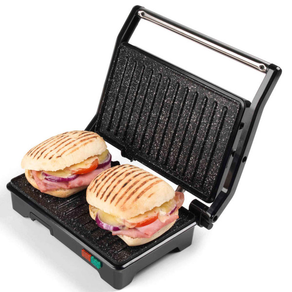 Panini press with two toasted sandwiches on grill plate
