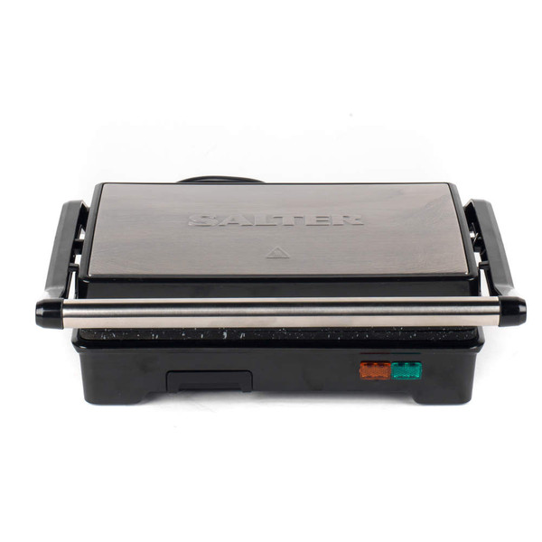 Closed Salter contact grill with black wood-effect lid, front view