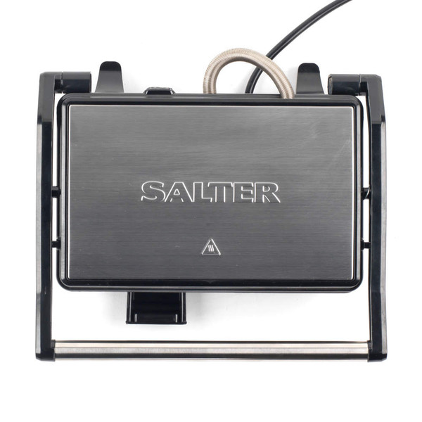 Closed Salter contact grill with black wood-effect lid, front view