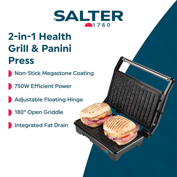 Black Salter grill with brushed metal finish, shown closed from the top.