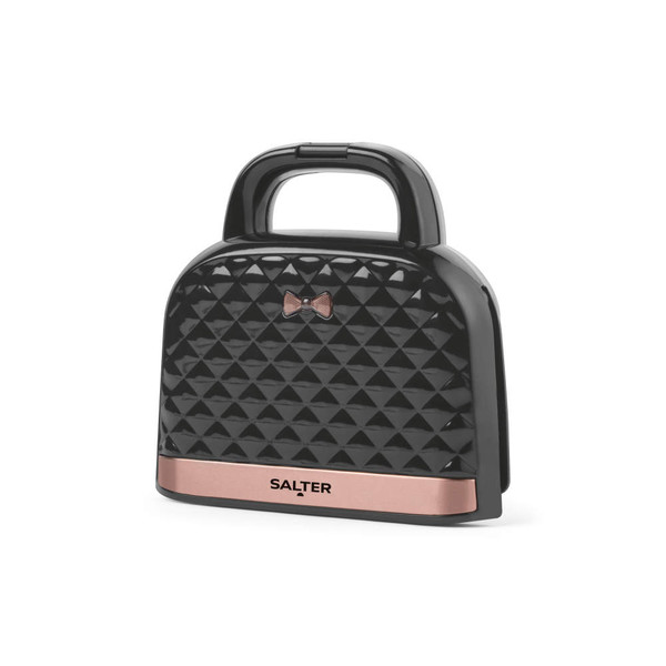 Black Salter sandwich maker with rose gold trim and bow detail, shown upright.