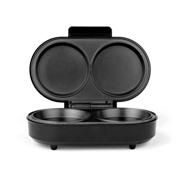 Black double egg cooker with lid open, showing non-stick cooking plates