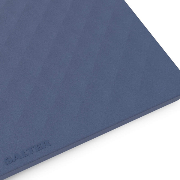 Blue chopping board corner with Salter logo, textured finish