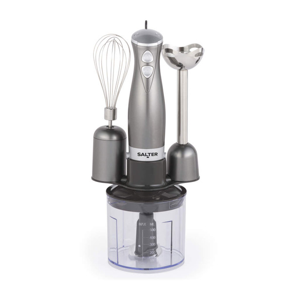 Gunmetal hand blender set with whisk and chopper attachments on stand