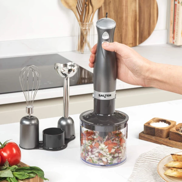 Salter hand blender set in gunmetal with whisk and chopper attachments on kitchen counter