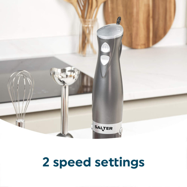 Grey hand blender with blending attachment and whisk, 2 speed settings