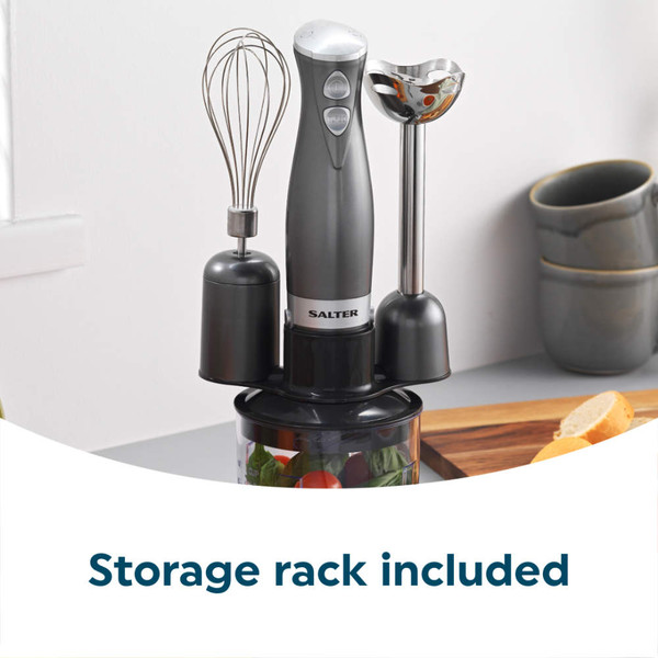 Grey hand blender set with whisk, blending attachment and storage rack included