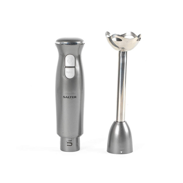 Silver hand blender with detachable stainless steel blending arm, upright on white background