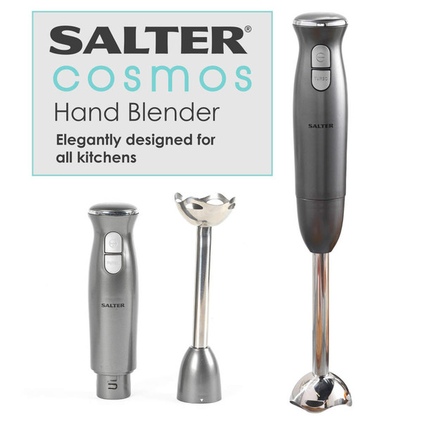Gunmetal hand mixer and hand blender set on kitchen counter