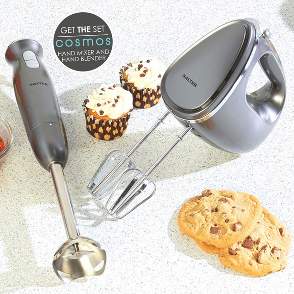 Salter gunmetal hand blender with two speed settings shown beside soup and bread
