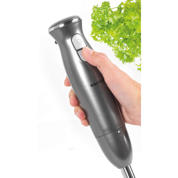 Silver handheld stick blender shown upright with soup and vegetables on kitchen worktop