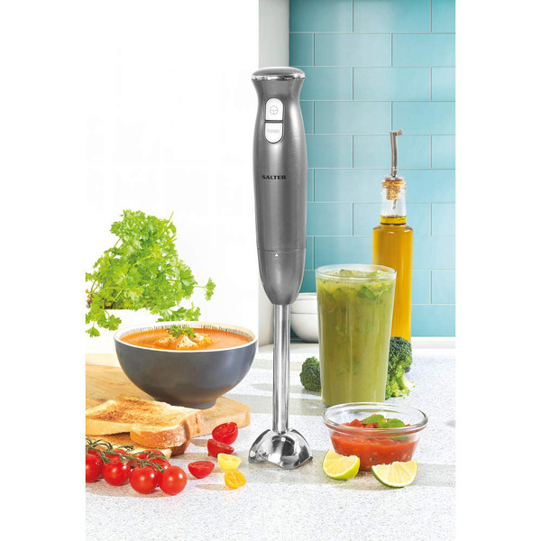 Silver handheld stick blender shown upright with soup and vegetables on kitchen worktop