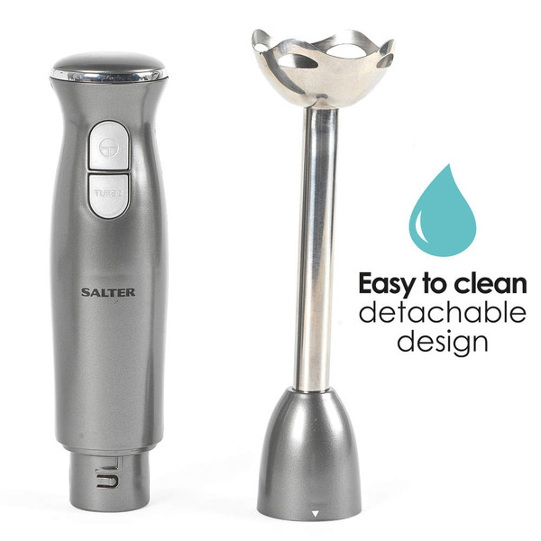 Gunmetal hand blender with detachable stainless steel shaft, shown separated.