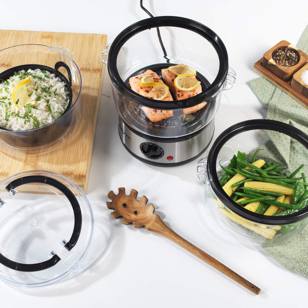 Three-tier electric food steamer with stainless steel base and timer dial