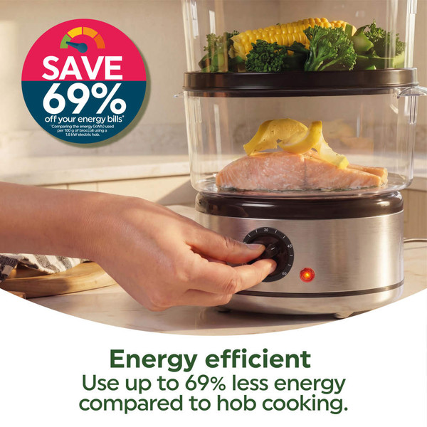 Salter 3-tier food steamer in packaging, shows capacity, features and health benefits.