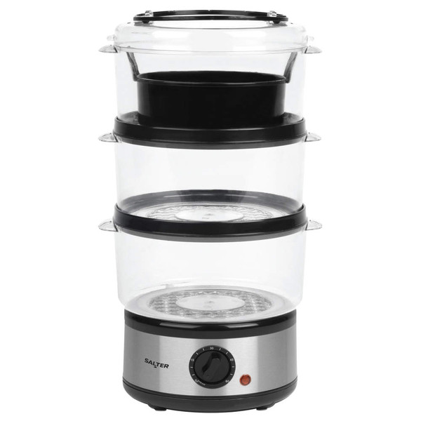 Three-tier electric food steamer with clear containers and silver control dial.