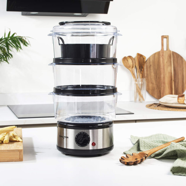 Salter electric food steamer with stainless steel base and four clear stackable containers