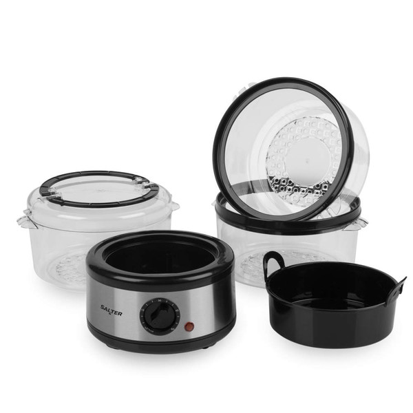 Salter electric food steamer with stainless steel base and four clear stackable containers