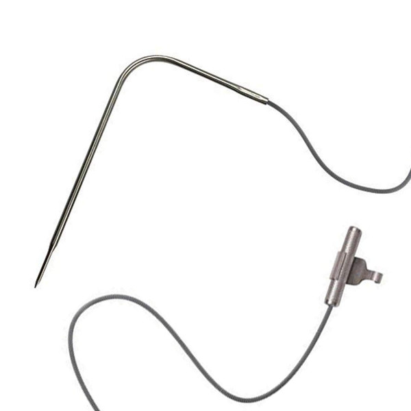Curved stainless steel meat temperature probe with cable, shown on white background.