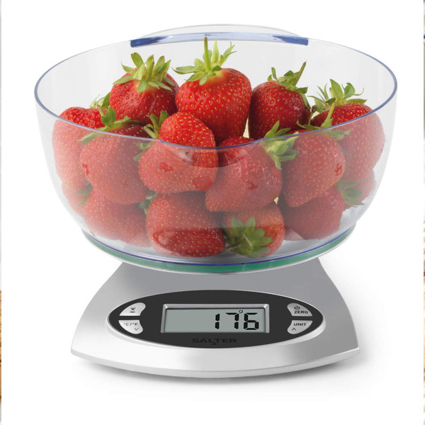 Clear bowl of fresh strawberries on digital kitchen scale displaying 176 grams